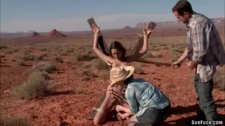 Couple of s Maestro and Claire Adams bound hitchhiker Amber Rayne in a desert and then banged her throat and anal fucked her with dick on a stick
