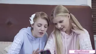 Stepsisters film a video masturbating with a toy when stepdad catches them.They give him a bj and the petite teen stepdaughter is fucked as shes toyed