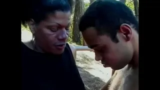 Black shemale gets fucked by a young guy and cums on herself