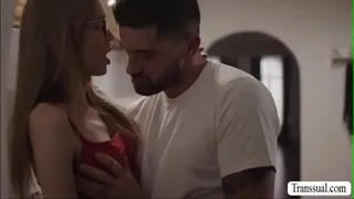 Slut shemale seduces the guy friend of her stepbrother to have sex in the kitchen.She calls him and she then throats his big cock passionately.In return,the guy licks her ass first and he then fucks it so deep and hard.