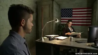 Corrupted brunette shemale agent TS Foxxy takes cock of Turk Mason who is applied for citizenship and sucks him then anal fucks his tight ass