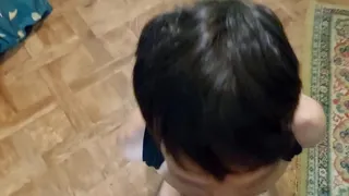 Top guy dominating over young twink with his powerful dick in boy's mouth, later twink empting his balls at male WC