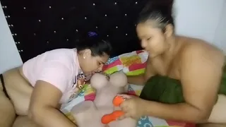 My Rich Friend Sucking My Stepdad's Cock While We Play With My Sex Doll
