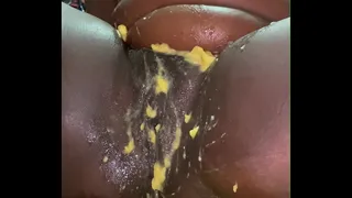 Messy whore inserts a banana into her hungry hole