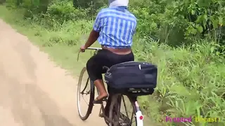 Beautiful girl's going to work got hook by her spoiled bicycle. A good Samaritan came to help but it ended in sex