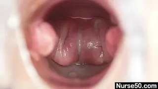 Aged blond lady shows off natural tits and dildo skills