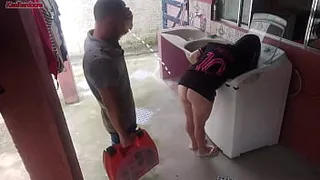 Married housewife pays washing machine technician with her ass while husband is away