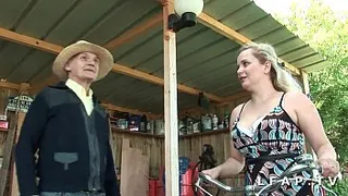 Pretty little slut with big tits and big ass caught in a threesome with grandpa