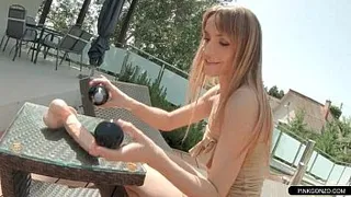 Hot Maria toys her pink pussy in the backyard