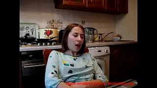 Teenie fingers to orgasm in kitchen