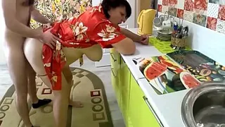 Italian housewife fucked in the ass while the cuckold works