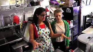 Young blonde Alani Pi has job interview as barista  at Penny Barber's  quick-service coffee shop