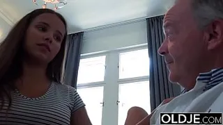 Old Young Big Tits Teen Gives Titjob and gets facial from Grandpa in bed