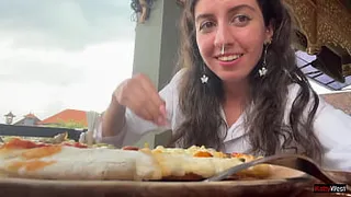 Eating pizza with cum on my face in a public cafe