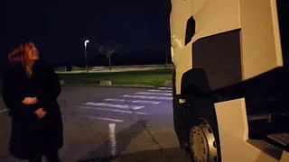 I flirt and fuck with a truck driver in a parking lot at the edge of a highway