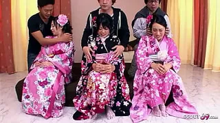 Rare Japanese Orgy with three cute JAV Teens with Hairy Pussy