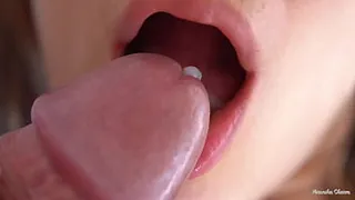 Her Soft Big Lips And Tongue Cause Him Cumshot, Super Closeup Cum In Mouth
