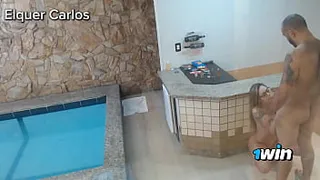 My ex came to visit me and I blew her ass near the pool. Security camera recorded everything.
