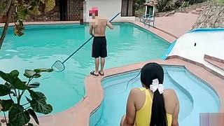 Pool day, public sex and creampie! My stepbrother's big cock destroys my pussy in the pool