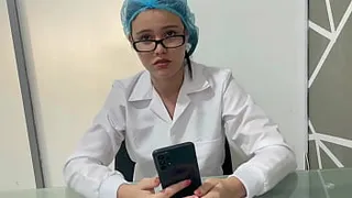 The practicing doctor is very horny, she gives me a general checkup on my cock and drains all my milk.
