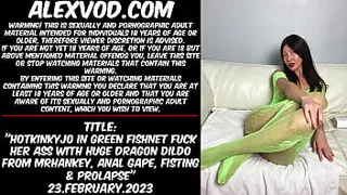 Hotkinkyjo in green fishnet fuck her ass with huge dragon dildo from mrhankey, anal gape, fisting & prolapse (trailer)