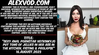 Sexy anal pornstar Hotkinkyjo put tons of jellies in her ass in the kitchen, fisting & prolapse