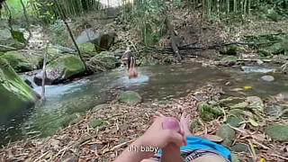 Stepsister takes a shower in the river, while I watch her I masturbate until I end up fucking her nice ass