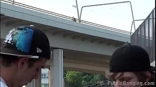 Facial cum for Alexis Crystal in public railway sex threesome with 2 teen guys