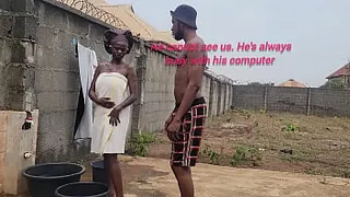 Sex addicted housewife Nasty bitch fuck her husband brother outside behind the window