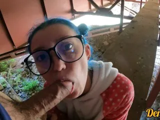 Schoolgirl in Glasses Loves Facial Cum Under Bridge