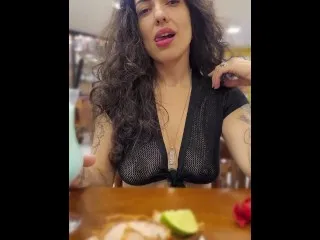 Flashing MILF tits at eatery