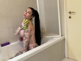 Tat Girl, Big Boobs - Bath Tub Masturbation w/ Dildo