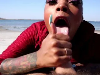 Epic Blowjob on Beach: Honey Dipped Cream & Thick White Dick