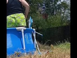 P1SSQUEEN Bends Over, Yard Work - Wet Backyard Scene