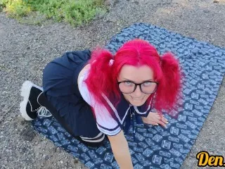 Pink-Haired Glasses Schoolgirl Blowjob & Anal