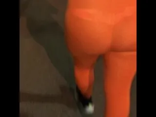 Orange Leggings Wife Exposed in Public Thong