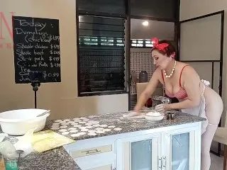 Naked Regina Noir Cooking Dumplings, Bra3 Kitchen