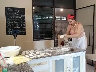 Regina Noir: Nude Maid Cooks Dumplings in Kitchen