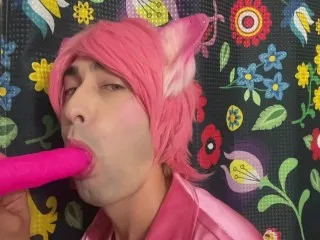 Slow Motion Femboy Blows Pink Dildo