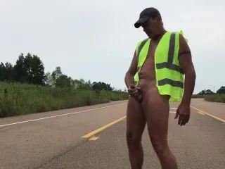 Naked Construction Worker Jerks Off on Road, Cums and Swallows