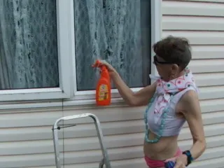 Sexy Pink Thong & White Sports Bra: Window Washing Orgasm