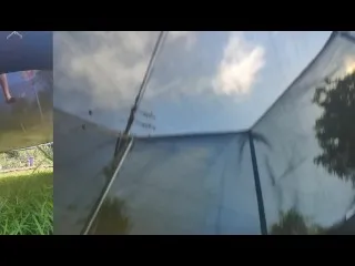 Tall Barefoot Girl Flips on Trampoline (Slow Motion) - Bottom View