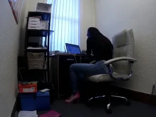 Works From Home: Beautiful Secretary In Denim Thrusting